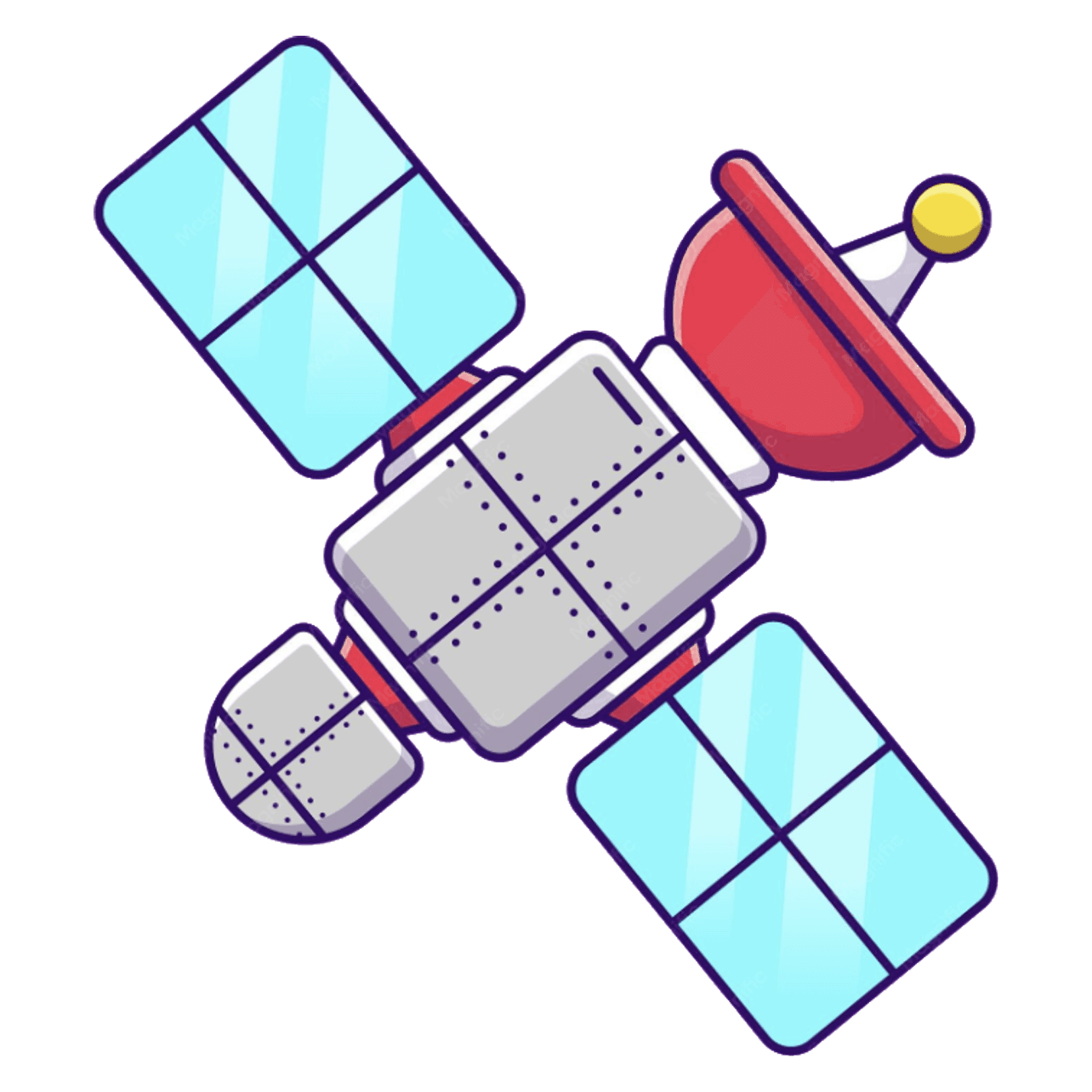A cartoon satellite with cyan solar panels and a red dish